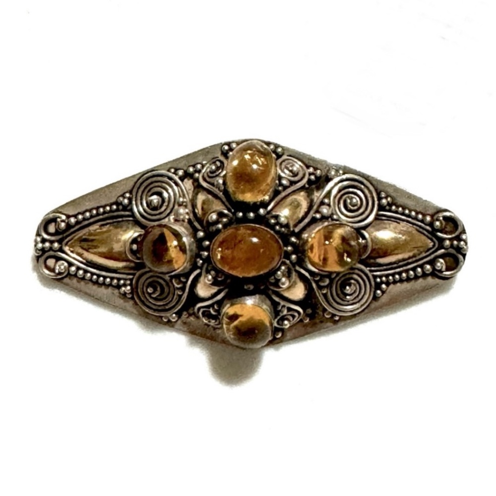 Antique Amber Cabochon Sterling Silver Gold Wash Pin / Brooch